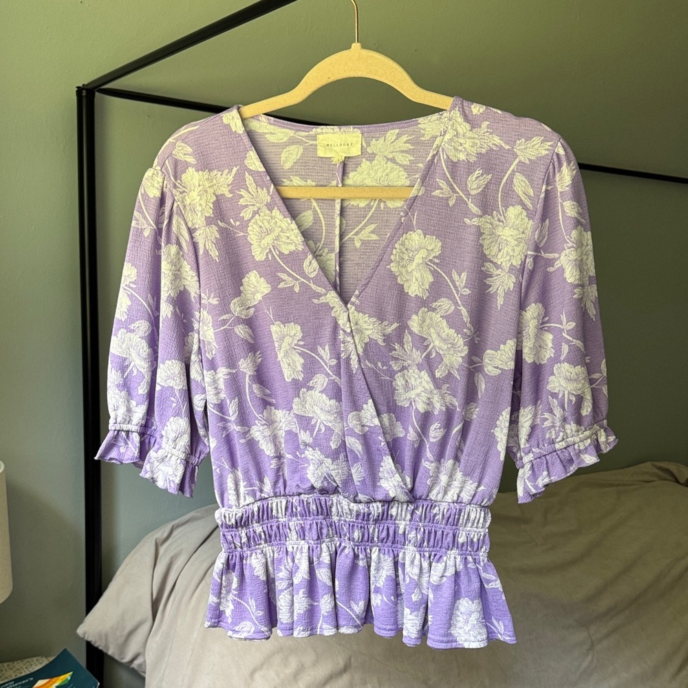 MELLODAY Purple Floral Ruffle Blouse